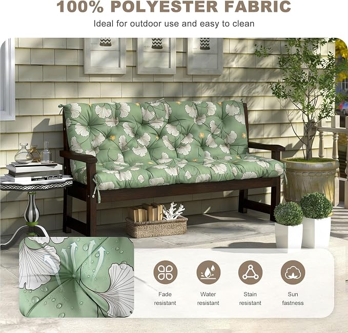 Porch Swing Cushion with Backrest,Waterproof Bench Cushion for Outdoor Furniture,2-3 Seater Replacement Thickened Swing Cushion with Ties,Patio,Outdoor,Backyard and Garden (Ginkgo Breeze,60x40")