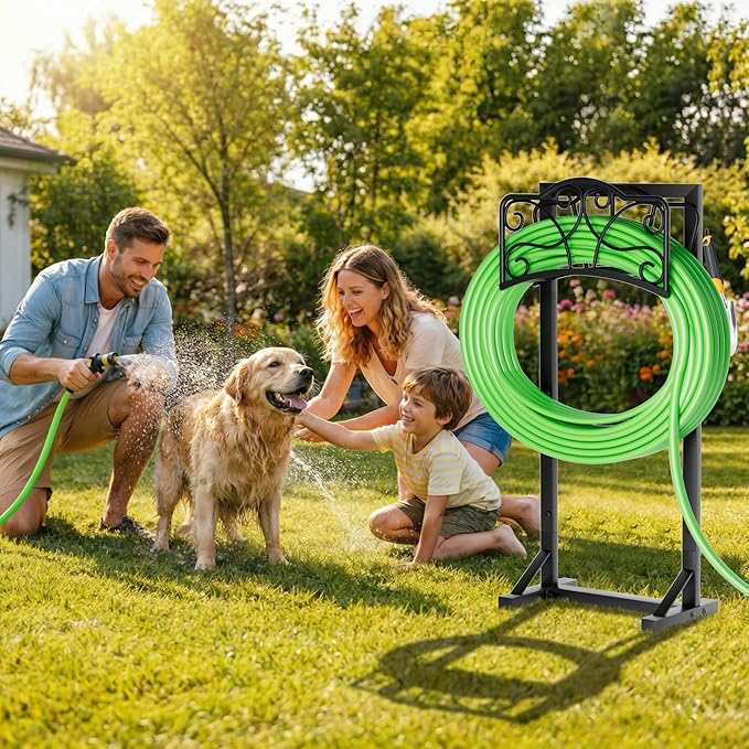 Heavy-Duty Garden Hose Holder with Tool Hooks and Stable Base, XEAPOMS Metal Hose Hanger Garden Hose Storage Holds 160Ft, Rustproof Freestanding Water Hose Holder for Outside, Yard, Lawn, Farm