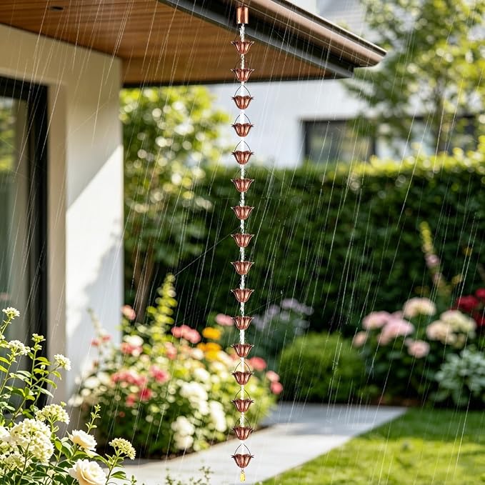 Rain Chains for Gutters Outside 8.5FT Copper Rain Catcher Chain with Adapter 16 Cups Decorative Replacement for Downspout