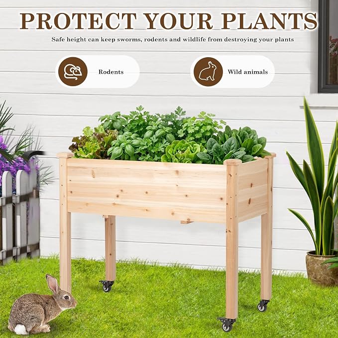 Raised Garden Bed with Lockable Wheels, 40x24x32 inch Elevated Wood Planter with Protective Liner for Vegetable Flower Herb Outdoor Balcony Patio Backyard, Natural