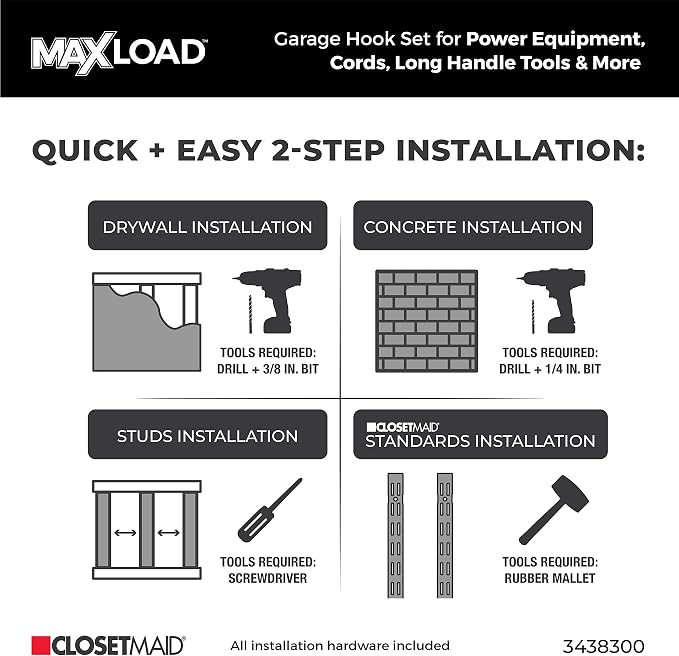 ClosetMaid MaxLoad 5-Pack Garage Hooks & Hangers Wall Mount Heavy Duty Storage for Cords, Power Equipment, Long Handle Tools, Cords, Hoses, Shovels, Black
