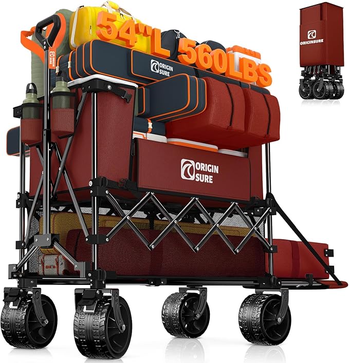 Originsure 400L Double Decker Wagon Collapsible with 54" L Tailgate, 560lbs Heavy Duty Carts Foldable, Extra Large Folding Beach Wagon with Big All-Terrain Wheels for Camping, Sports, Groceries, Red