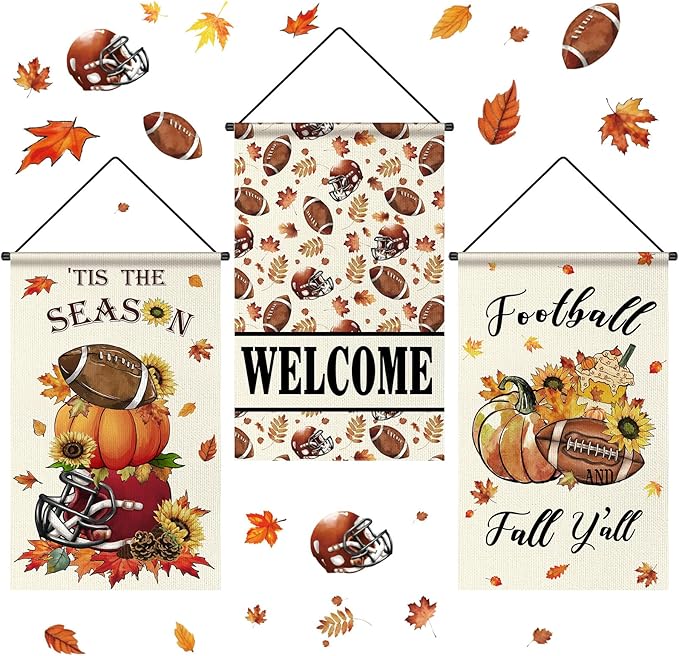 Tegeme 3 Pcs Fall Football Decorations Door Sign Flag Football Pumpkin Door Banner 12 x 20 Inch Autumn Welcome Hanging Banner Seasonal Holiday Flags Decoration for Outdoor Thanksgiving Party