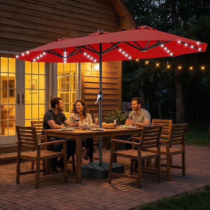 AreShark 13 FT Patio Umbrella with Solar Lights, Double-Sided Outdoor Table Umbrellas with Crank, Large Rectangular Market Umbrella for Porch, Lawn, Pool, Backyard, Red