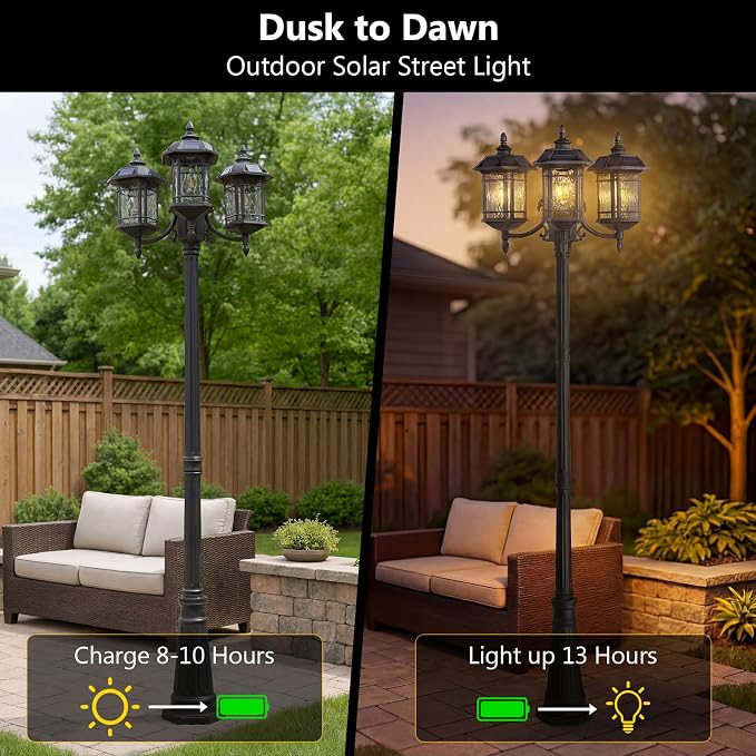 Emliviar 3-Head Outdoor Street Lights Solar Powered, Aluminum Post Lamp 100.4" Dusk to Dawn, Black Solar Column Lighting with Water Ripple Glass, 2084PL-3 SL BK-SW