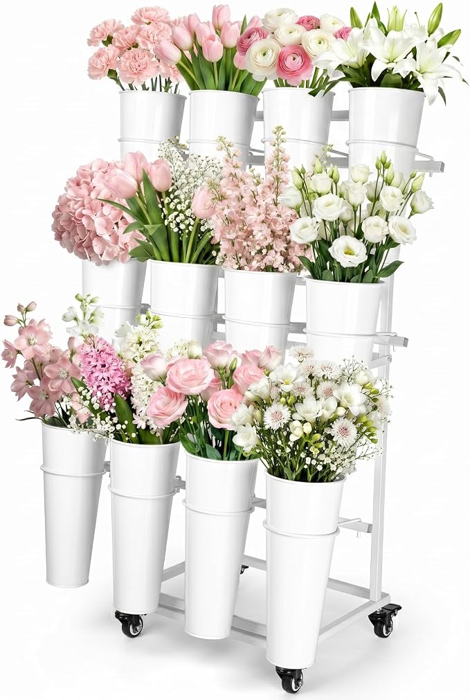12 Buckets Flower Bar Stand,3-Tier Metal Flower Display Stand on Wheels,Mobile Flower Cart for Indoor & Outdoor Garden, Flower Shop, Wedding, Party Decor
