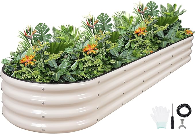 G GOOD GAIN Raised Garden Beds - 8x2x1ft Galvanized Planter Boxes Kit with Protective Tape & Gloves & Tools | Oval Metal Outdoor Raised Bed for Gardening Vegetables, Fruits, Flowers, Herbs, White