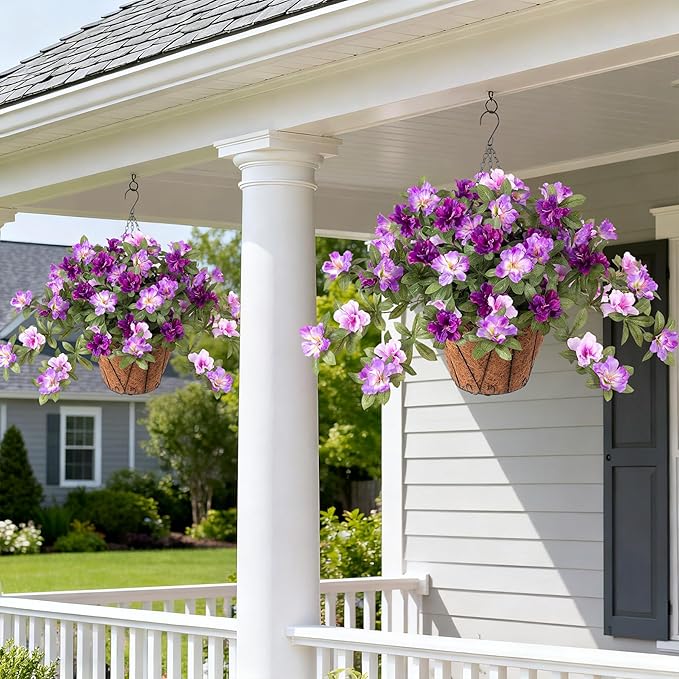 Ammyoo Artificial Hanging Flowers for Outdoors Hanging Baskets, 3 Pcs Fake Silk Flower with Hanging Baskets Planter for Spring Summer Garden Porch Patio Yard Outside Decor