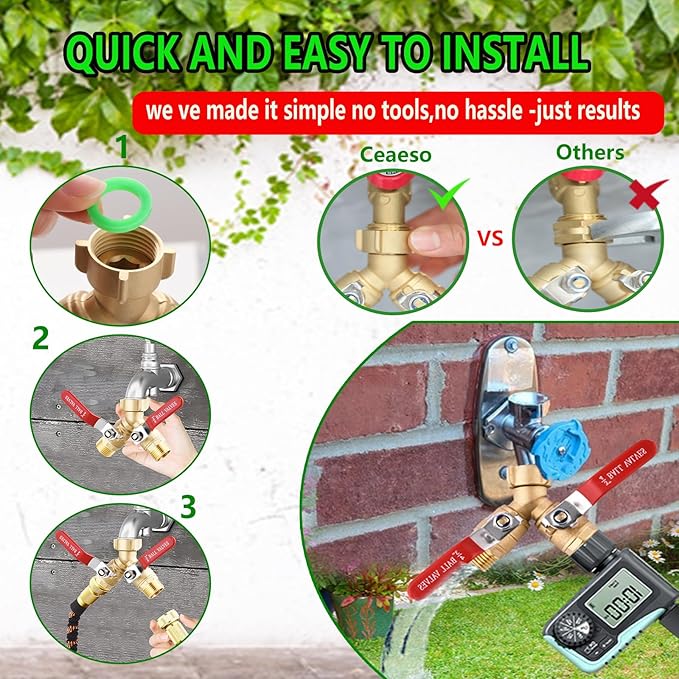 Ceaeso Brass Garden Hose Splitter 2 Way Heavy Duty, Y Valve Hose Splitter With Stainless Steel Long Handle, 3/4" GHT Thread Y Valve Water Garden Hose Tap Adapter