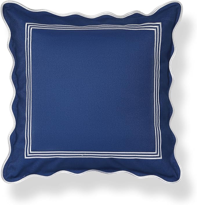 Hofdeco Premium Coastal Hampton Scalloped Patio Indoor Outdoor Throw Pillow Cover Only, 20"x20" Water Repellent for Backyard, Couch, Poolside, Navy Blue Embroidered Frame