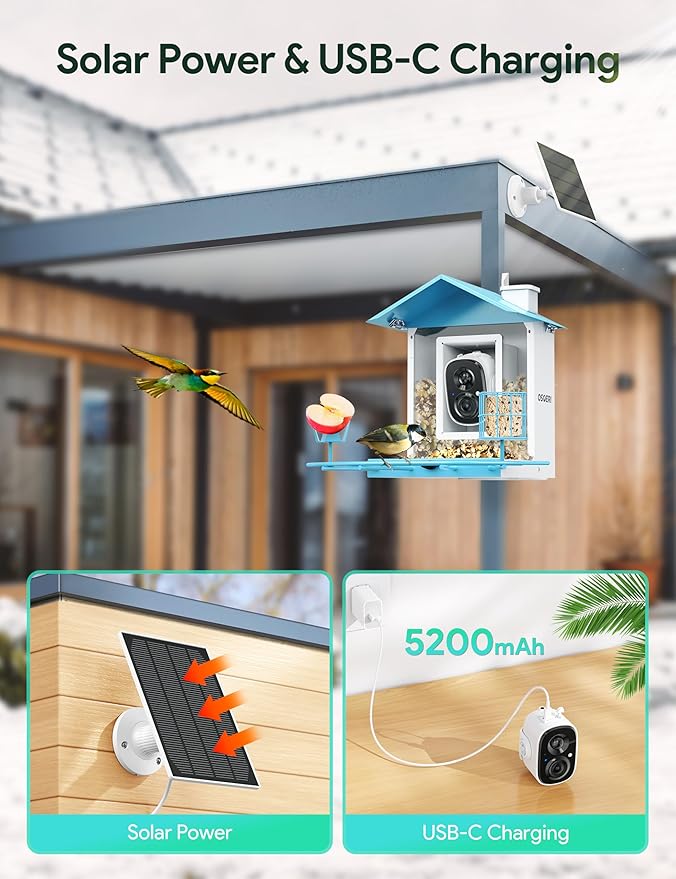 Osoeri Bird Feeder with Camera, Smart Bird Feeder Camera with AI Identify, Metal Bird Feeder with Suet Cage & Fruit Fork, Auto Capture Videos & Motion Detection, Ideal Gift for Bi rd Lovers