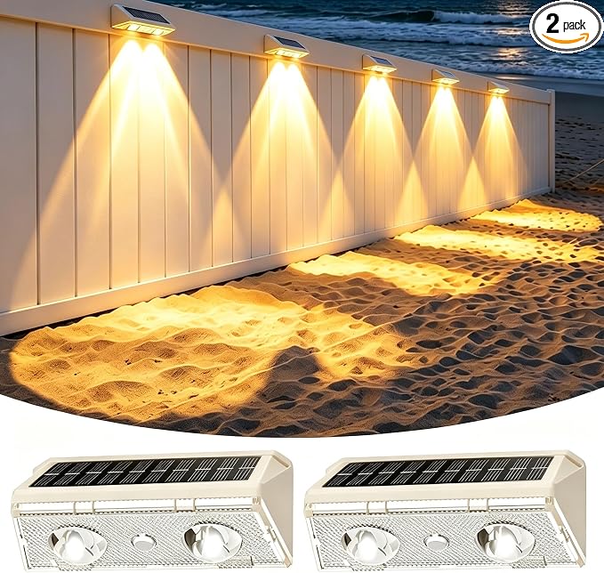 KEILAIMO Solar Fence Lights Outdoor, Fence Lights Solar Powered with Ultra-Bright LED Lens, 9 Color Modes, 12+ Hours Steady Glow for Deck/Backyard/Patio/Pool/Wall, 2 Pack, Matte White