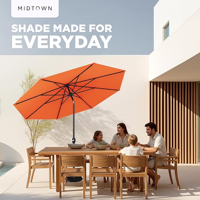 Midtown Umbrellas - 10-Year-No-Fade 6 Ft Patio Umbrella with Terylast Fabric, Auto-Tilt Aluminum Frame and 8 Reinforced Ribs for Deck, Pool, Garden & Beach - Tangerine Canopy, Black Pole