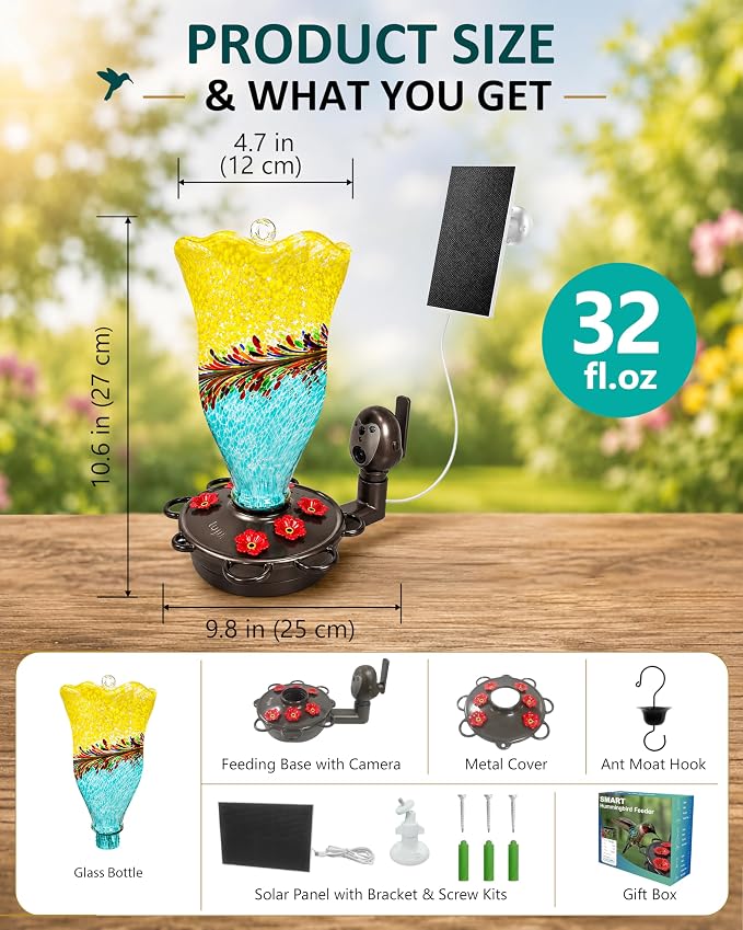 LUJII Smart Hummingbird Feeder with Camera for Outdoor Hanging, Hand Blown Glass, Solar WiFi Feeder with Live View App, 6 Feeding Ports, Leak-Resistant Design, Ant Moat & Gift Box, 32 fl oz, Yellow
