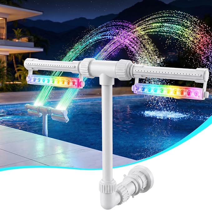 LED Pool Fountain with Remote, Rechargeable Waterfall Spray for Inground & Above Ground Pools, Fits 1.73" & 3.2" Return Jets, 20 Light Modes & Timers, 12H Long-Lasting Glow for Night Swimming Ambiance