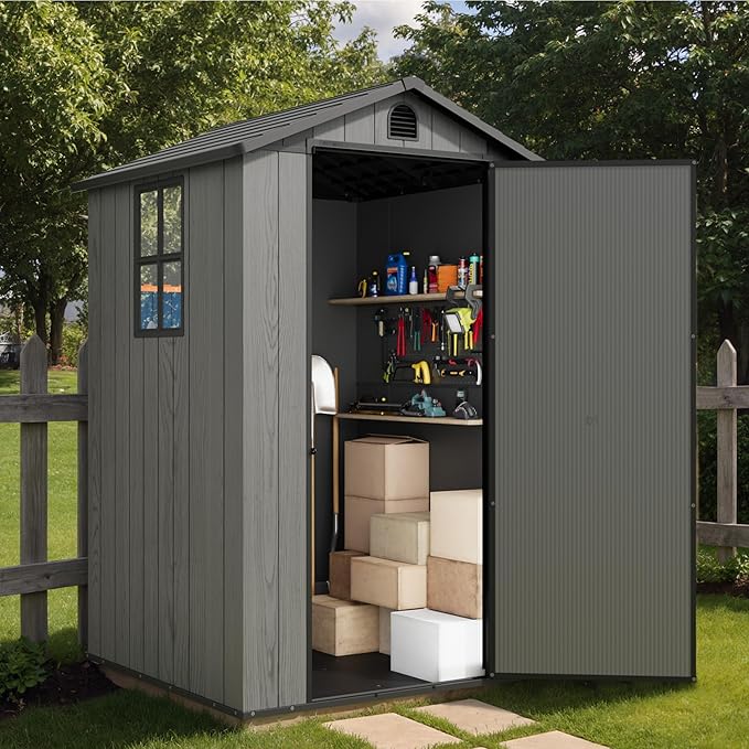 Greesum 5x5FT Plastic Storage Shed with Floor, Resin Outdoor Storaged Sheds with Lockable Door, All Weather Durable Tool Shed with Window and Vent, for Garden, Backyard, Patio, Dark Gray