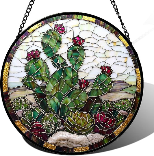DASTOLL Stained Glass Window Hanging,Green Cactus Purple Flowers Suncatcher Diamond Glass Panel Sun Catchers Decor for Birthday for Women, Men, Wife, Aunt, and Mom 14.9x14.9 in