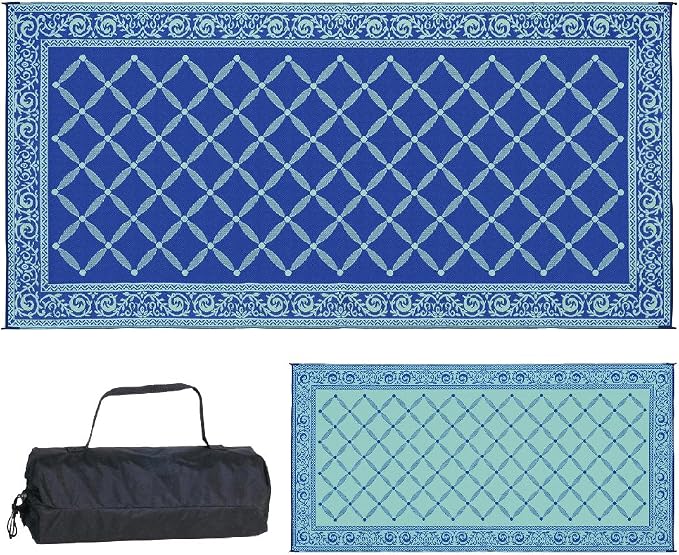Stylish Camping 119183 9-feet by 18-feet Reversible Mat, Plastic Straw Rug, Large Floor Mat for Outdoors, RV, Patio, Backyard, Picnic, Beach, Camping (Blue/Light-Green)