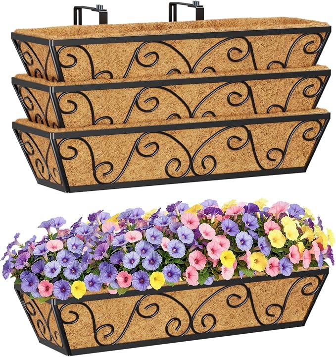 HFHOME 24 Inch Railing Planter Box with Coco Liners for Porch, Fence, Patio, Balcony Hanging Flower Railing Baskets with Adjustable Brackets, Outdoor Garden - 4 Packs
