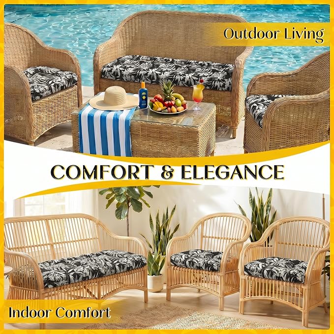 1 MIDDLE ONE Wicker Chair Cushions 3 Pieces Set for Outdoor Furniture, Replacement Patio Wicker Furniture Cushions, 1Pc Loveseat Cushion & 2Pcs Chair Cushions (Black Monstera)