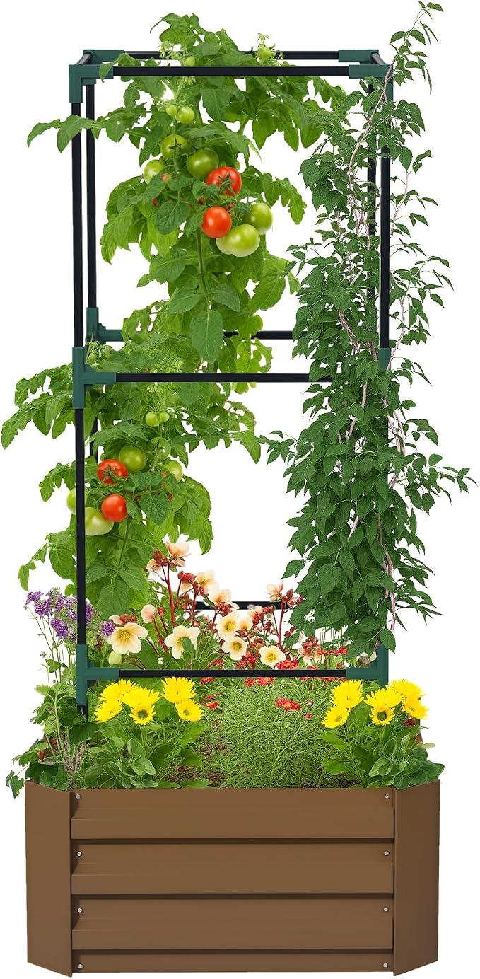 Outsunny Galvanized Raised Garden Bed, 55" Tall Outdoor Planter Box with Trellis Tomato Cage and Open Bottom for Climbing Vines, Vegetables, Flowers in Backyard, Garden, Patio, Brown