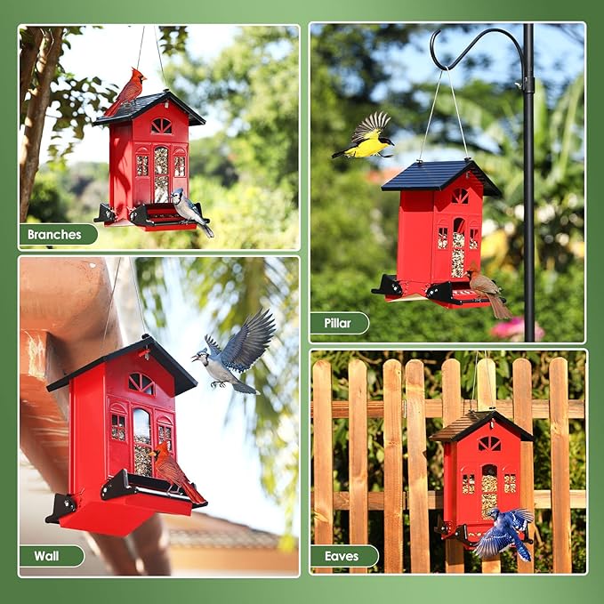 Birdkiss Bird Feeder Squirrel-Proof Outside: Country House Series for Hanging - Metal - 5LBs Seed - Weight-Activated for Outdoors - Large Capacity and Red