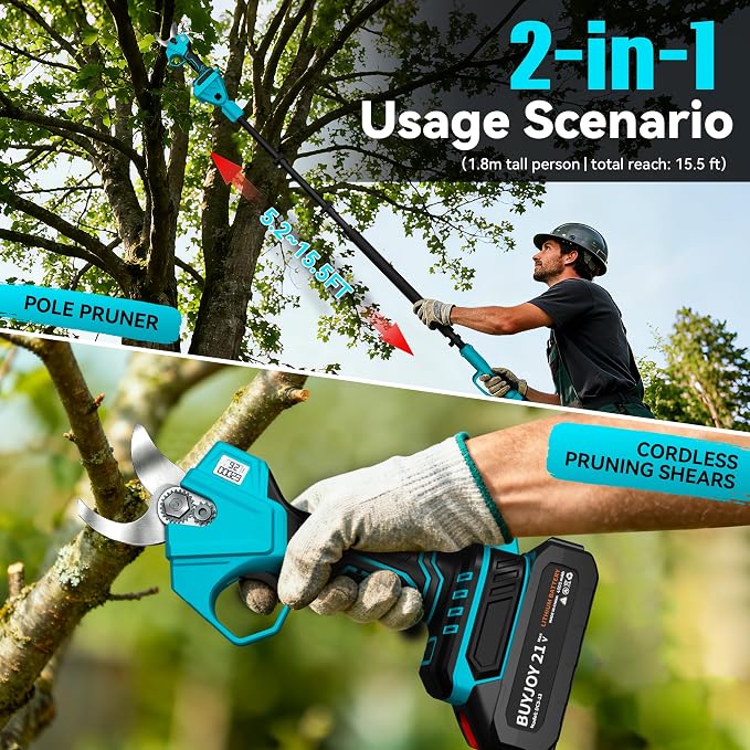 2-in-1 Pole Pruning Shears, 1.4" Cutting Diameter Cordless Electric Pole Pruners - Brushless Motor, 2x4.0Ah Batteries, Extra SK5 Blade, 4 Modes Adjustable Branch Cutter for Garden & Flower (Yellow)