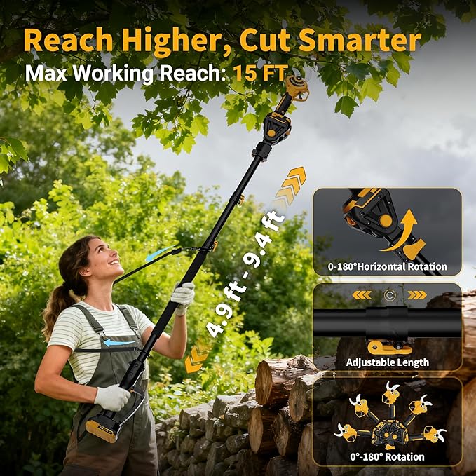 2-in-1 Electric Pruning Shears with Extension Pole, Cordless Power Pruner with 2 Inch Cutting Diameter, Brushless Motor, LCD Display & 2×2.0Ah Batteries for High Branch & Tree Trimming