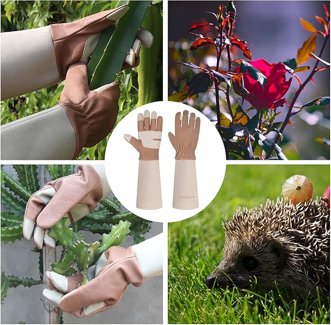 HANDLANDY Long Gardening Gloves for Men & Women, Thorn Proof Rose Pruning Gloves Leather Gauntlets Garden Glove Yard Work Glove (Warm Brown, Large)