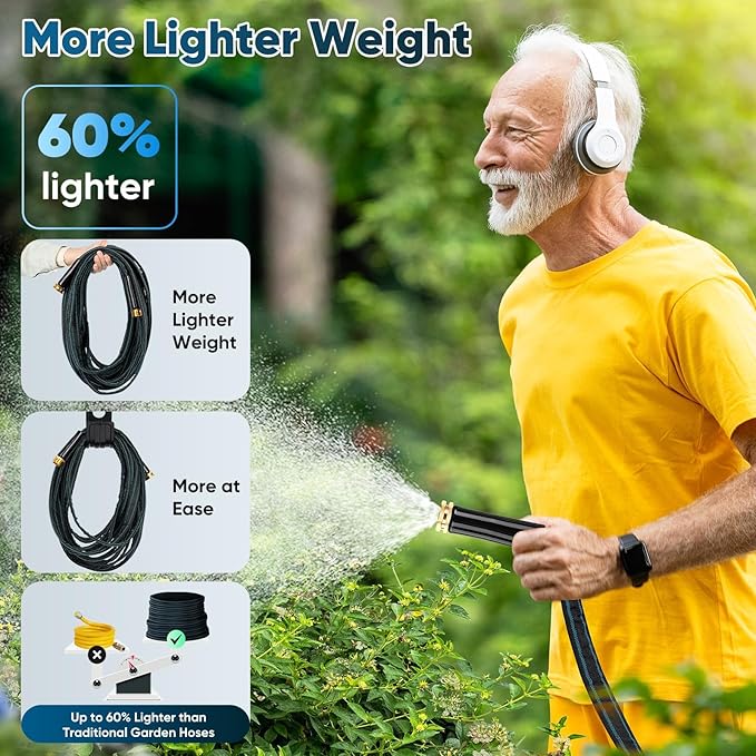 Garden Hose 100ft, Non-Expanding Water Hose, 8 Function Nozzle, Flexible Ultra-Light, Anti-Kink, Wear-Resistant, Portable, Easy Storage, Hose with 3/4 for Outdoor, Garden, Yard, Black Lake Blue
