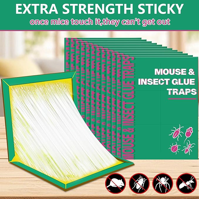 24 Pack Sticky Mouse Traps, Sticky Traps for Rats Mice Rodents Snakes No Touch Indoor Mouse Traps for Home Kitchen Garage Attic Basements, Easy to Set, Green
