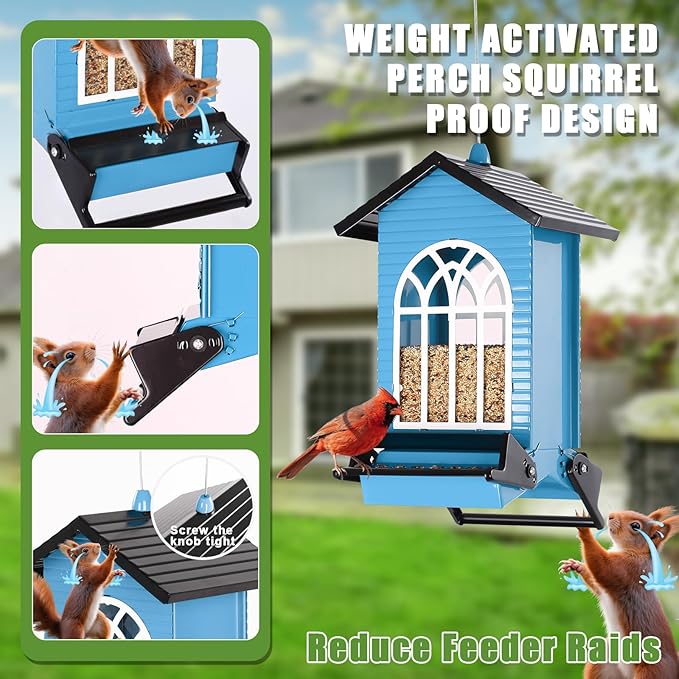 Gbekery Squirrel Proof Bird Feeder for Outdoors,5LB Large Capacity,Metal Wild Bird Seed Feeder with Bilateral Weight-Activated Perches for Outside Hanging,Garden Decoration,Blue