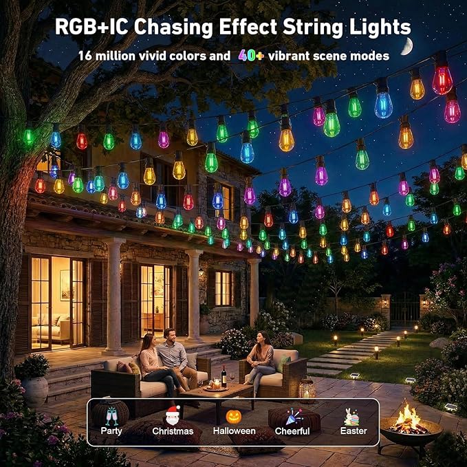 LETIANPAI 200ft RGB+IC Outdoor String Lights, IP67 Waterproof LED Color Changing Clear Bulb String Lights with App & Remote Control, Shatterproof Hanging Patio Lights for Backyard Garden Party