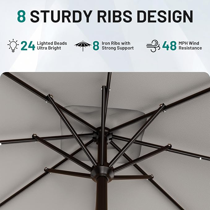 AreShark 8' X 10' Rectangular Patio Umbrella with Solar Lights, Lighted Solar Umbrella with Crank, Outdoor Table Umbrella for Garden, Deck, Backyard, Pool and Beach, Light Gray