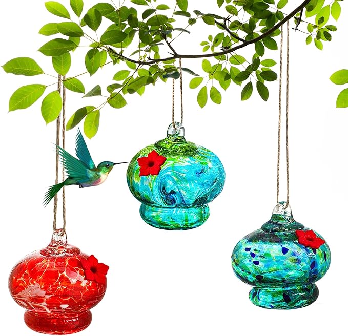 3pcs Blown Glass Hummingbird Feeder Hanging Glass Bird Feeders with Flower Feeding Ports for Window Backyard Garden Outdoor Decor Gifts for Women
