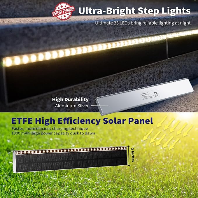 SHONELIGHTING Solar Step Lights for Outside, 33 Focused-Beam High-Brightness LEDs, Waterproof Aluminum Outdoor Stair Light for Risers, Curbsides, Poolsides, Planter Edges (Warm White, 12Pack)