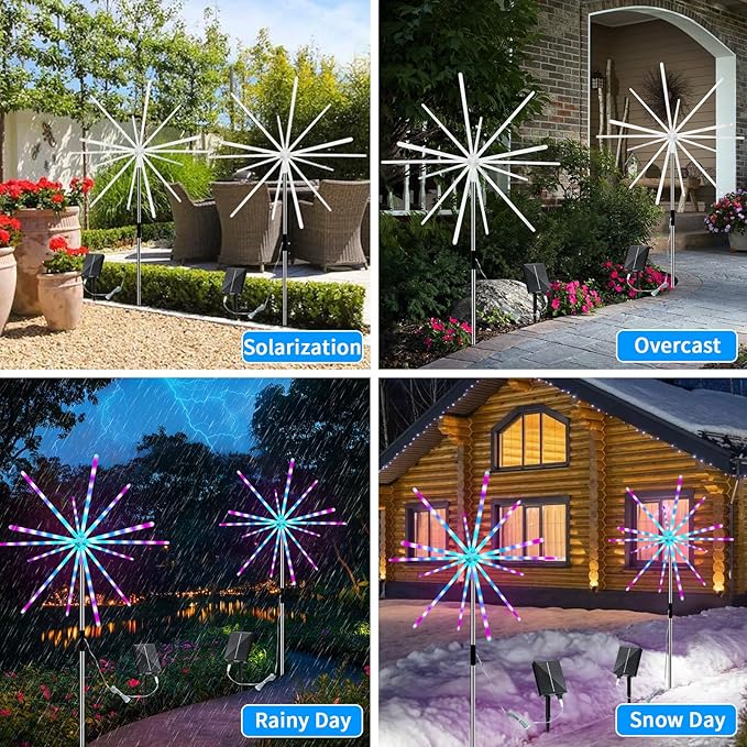Solar Firework Lights Outdoor, 9 Colors 16 Modes Solar Garden Light Waterproof Solar Powered Starburst Light for Party Wedding Holiday Decoration Meteor Lights 2 Pack