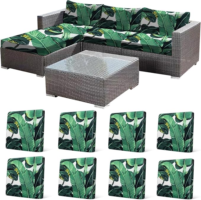 CALBODE 8 Pcs Stretch Outdoor Seat Cushion Covers, Washable Chair Seat Cover for Patio Furniture Cushions Soft Indoor and Outdoor Couch Cover Replacement (Monstera, Cover Only)
