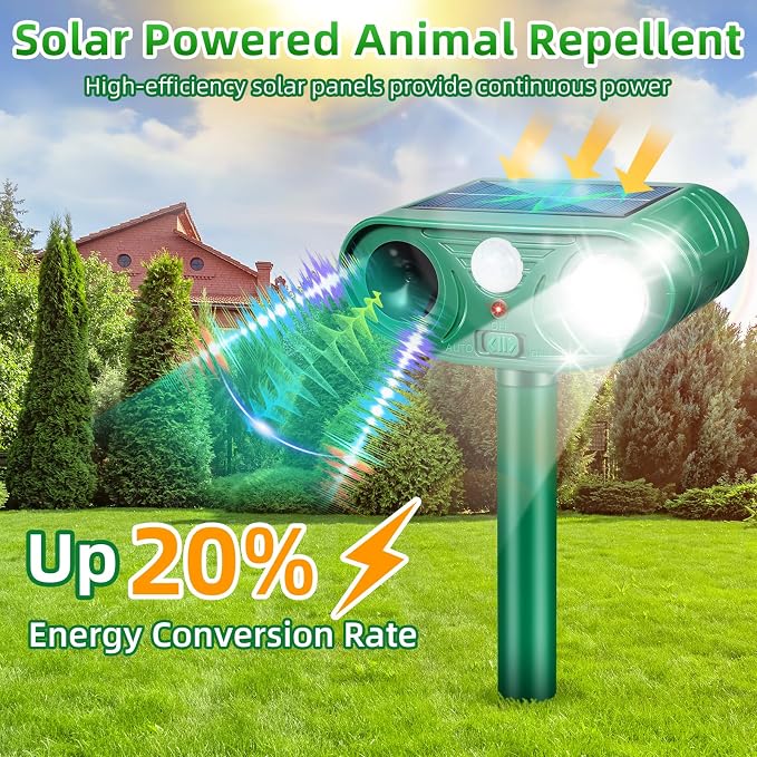 2026 Upgraded Solar Animal Repellent Outdoor 2 Pack – Ultrasonic Deer Deterrent Devices with Motion Sensor Strobe Light, IP65 Waterproof Cat Raccoon Rabbit Squirrel Repeller to Protect Yard Garden