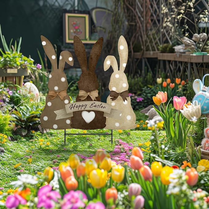 Weysat Easter Decorations Outdoor Metal Easter Yard Signs Large Bunny Garden Stakes Cute Rabbit Garden Lawn Porch Decor for Home Pathway Front Door Party Outside Yard Patio Decor