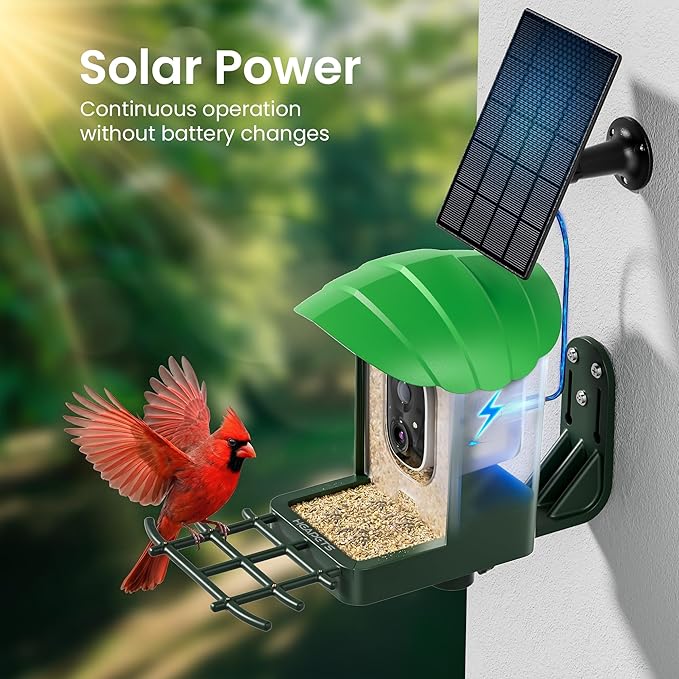 HEAPETS Smart Bird Feeder with Camera, 4K Ultra HD Live Stream, AI Species Identification, Solar Powered, Instant Motion Alerts, IP65 Weatherproof Outdoor Gifts for Bird Lovers, Green