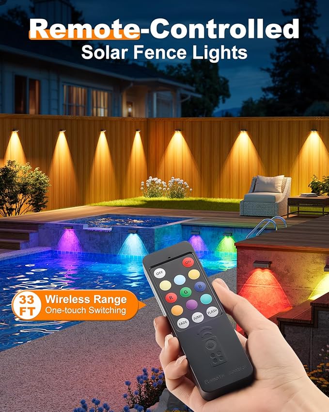 VOLISUN Solar Fence Lights with Remote Control, 50 Lumen LED Fence Lights Solar Powered, IP65 Waterproof, 10 RGB Color Long-Lasting Solar Lights for Backyard Garden Deck Patio Railing (8 Pack)