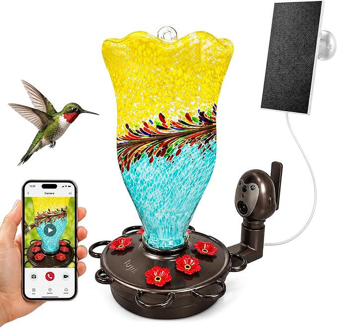 LUJII Smart Hummingbird Feeder with Camera for Outdoor Hanging, Hand Blown Glass, Solar WiFi Feeder with Live View App, 6 Feeding Ports, Leak-Resistant Design, Ant Moat & Gift Box, 32 fl oz, Yellow