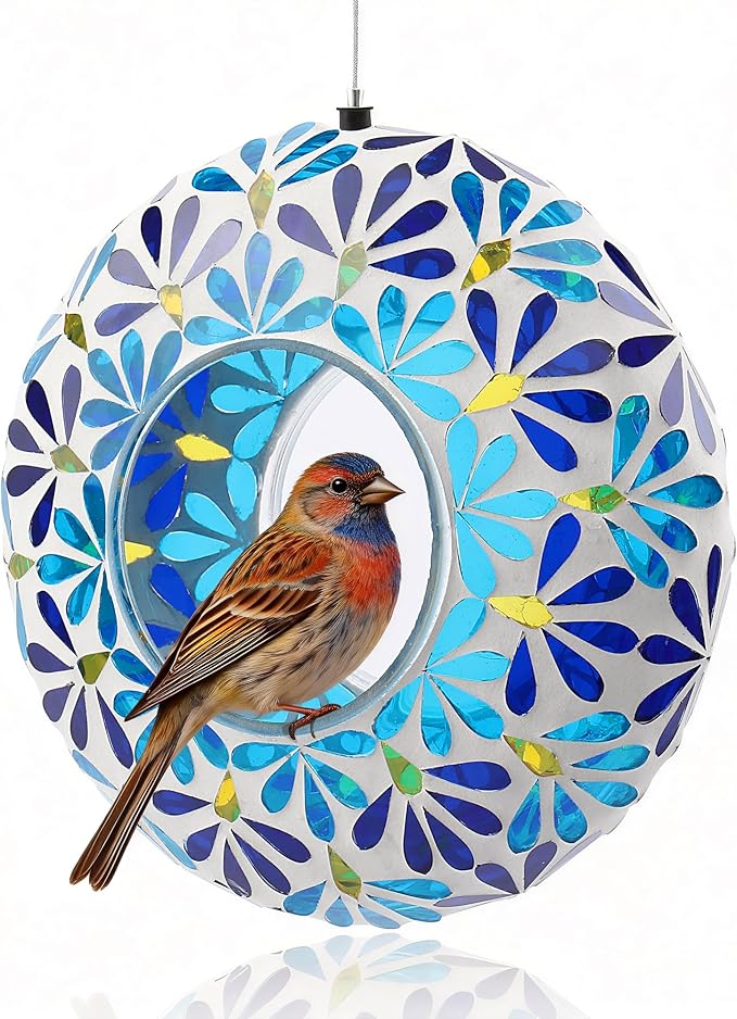 SAVENNA Mosaic Glass Hanging Bird Feeder, 8 Inch Handcrafted Outdoor Feeder with Steel Wire Rope, Decorative Garden & Patio Feeder for Wild Birds, Blue Geometric Mosaic Design