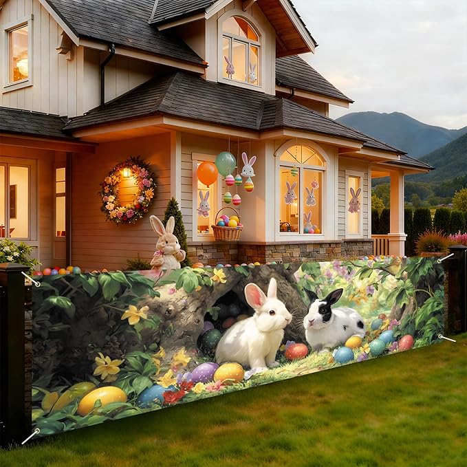 Happy Easter Bunny Fence Banner 118 x 35 Inch, Large Waterproof Outdoor Easter Banner with Cute Rabbits & Colorful Eggs for Yard Porch Fence Spring Party Decorations