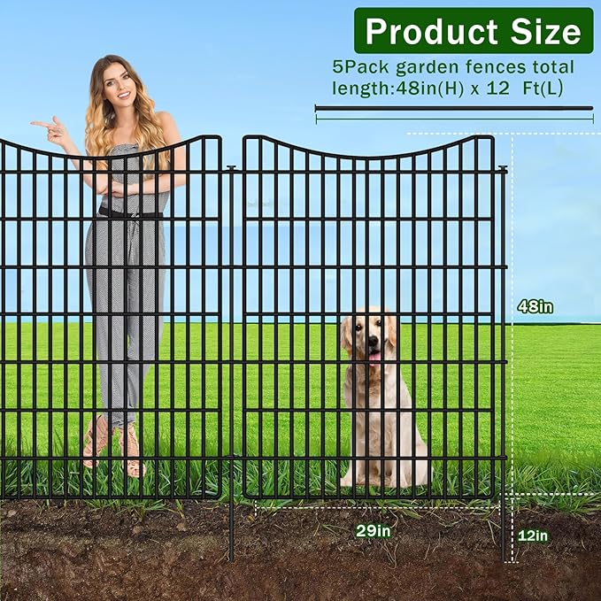 5 Panels No Dig Outdoor Garden Fence for Yard, 48 in(H) X 12 ft(L) Animal Barrier Fence with Lock, Tall Metal Garden Fence Panels, Temporary Fence Outdoor for Yard, Dog, Rabbits