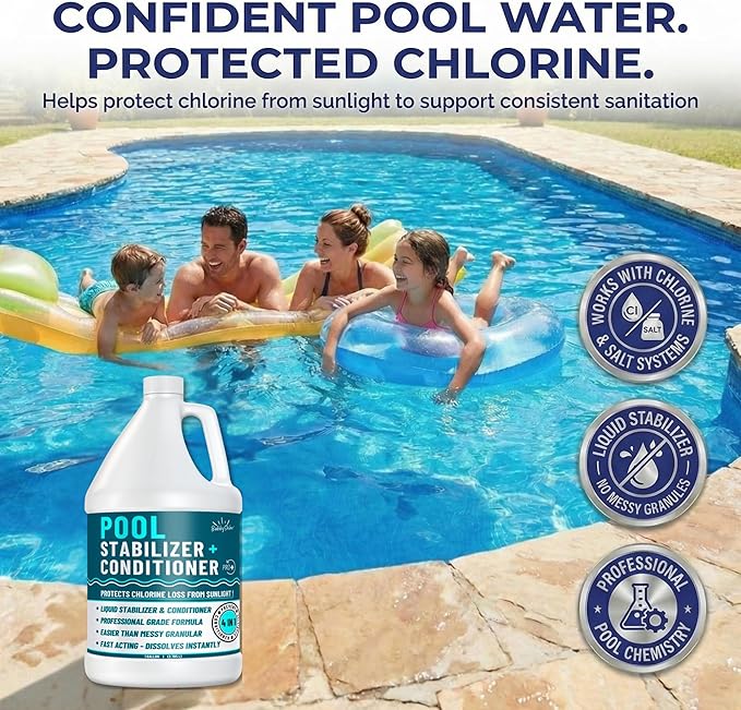 BubbyShine, Pool Stabilizer - Cyanuric Acid Pool Stabilizer, Liquid Chlorine Stabilizer for Pool Chemicals, Swimming Pool Conditioner Stabilizer, for Salt Pool & Chlorine, 1 Gallon