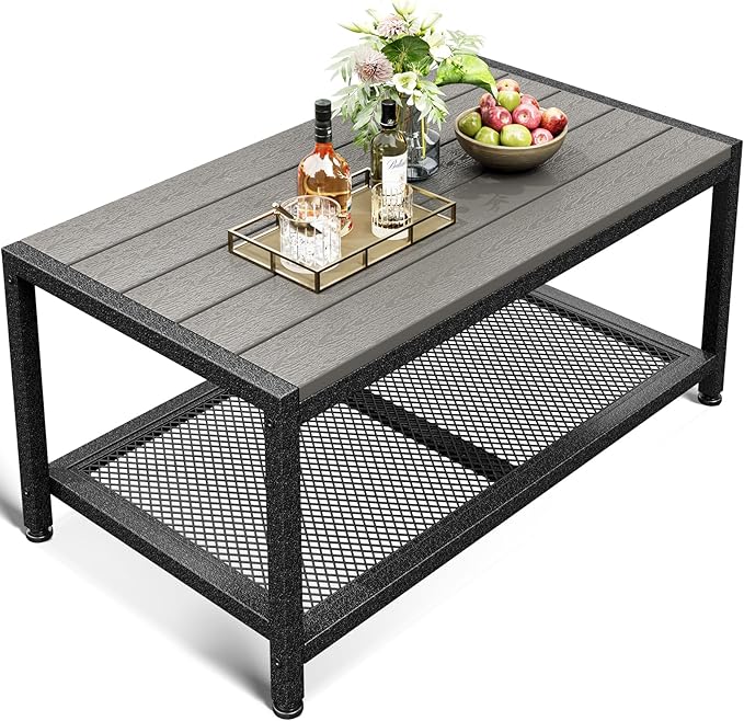 ODK Outdoor Coffee Table with Double-Layer Storage, Rectangle Weather-Resistant Patio Coffee Table for Garden, Balcony, Hot Tub, Poolside, Heavy-Duty Metal Frame, Grey