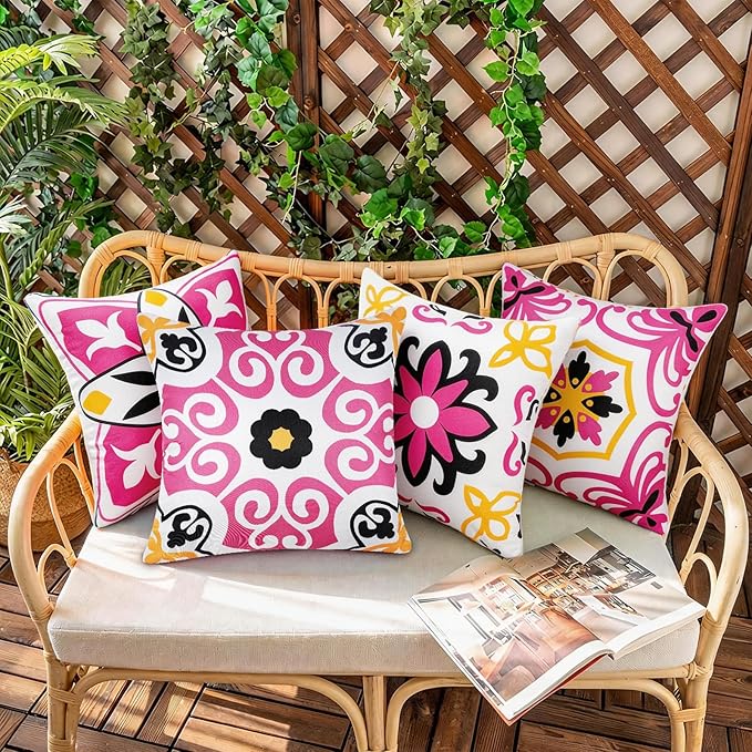 Pyonic Black Hot Pink Outdoor Pillows Waterproof Throw Pillow Covers Set of 4 Floral Printed and Boho Farmhouse Outdoor Pillow Covers for Patio Funiture Garden 18x18 Inch