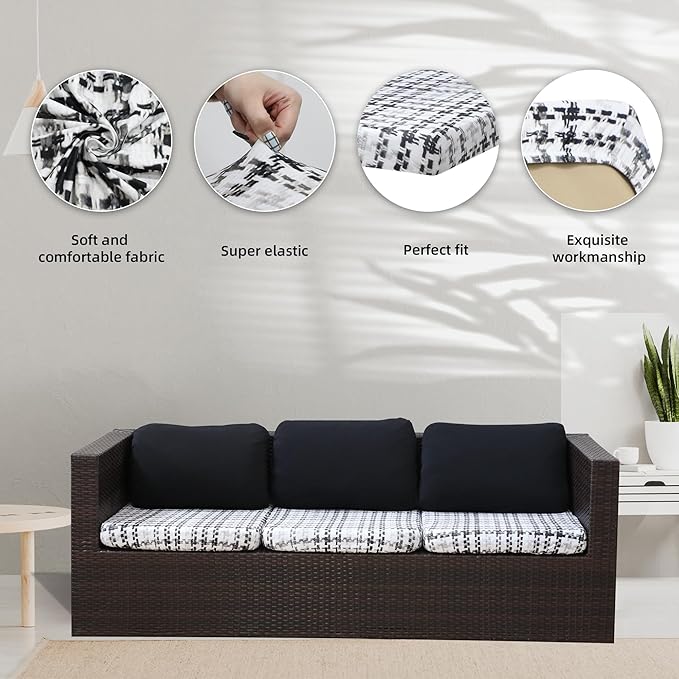 BIETYONE 8Pcs Stretch Patio Cushion Covers,Outdoor Couch Covers Replacement,Outdoor Couch & Sofa Slipcovers,for Patio Furniture Cushion Covers,Washable Reusable urniture Protector(Black Grid,8PCS)